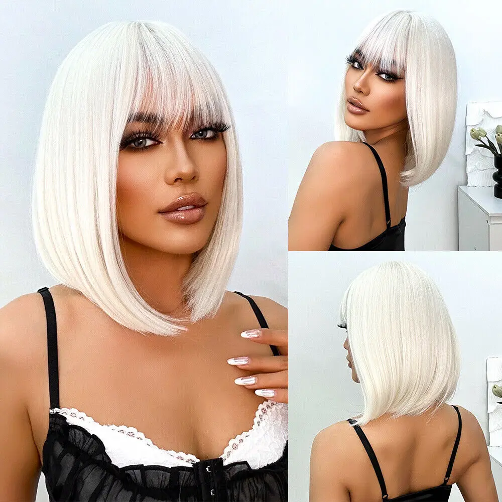 Women Dress Up Wig With Bangs Synthetic Hair Natural Straight Platinum blonde