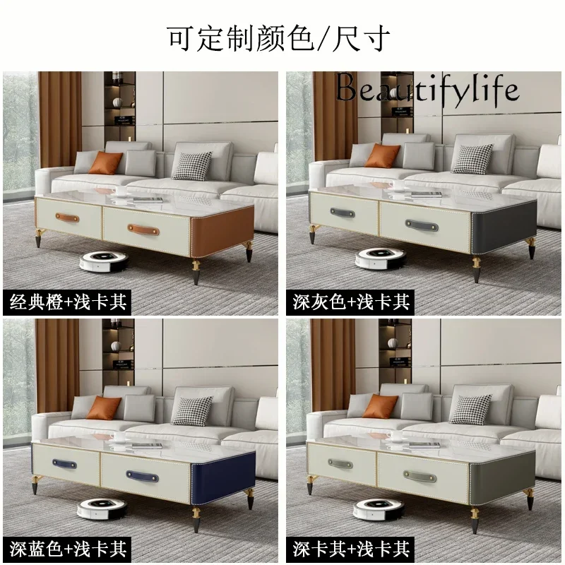 

aQ DS Light Luxury Saddle Leather Long Coffee Table Modern Living Room Rock Slab Coffee Table TV Cabinet Solid Wood High Tea Tab