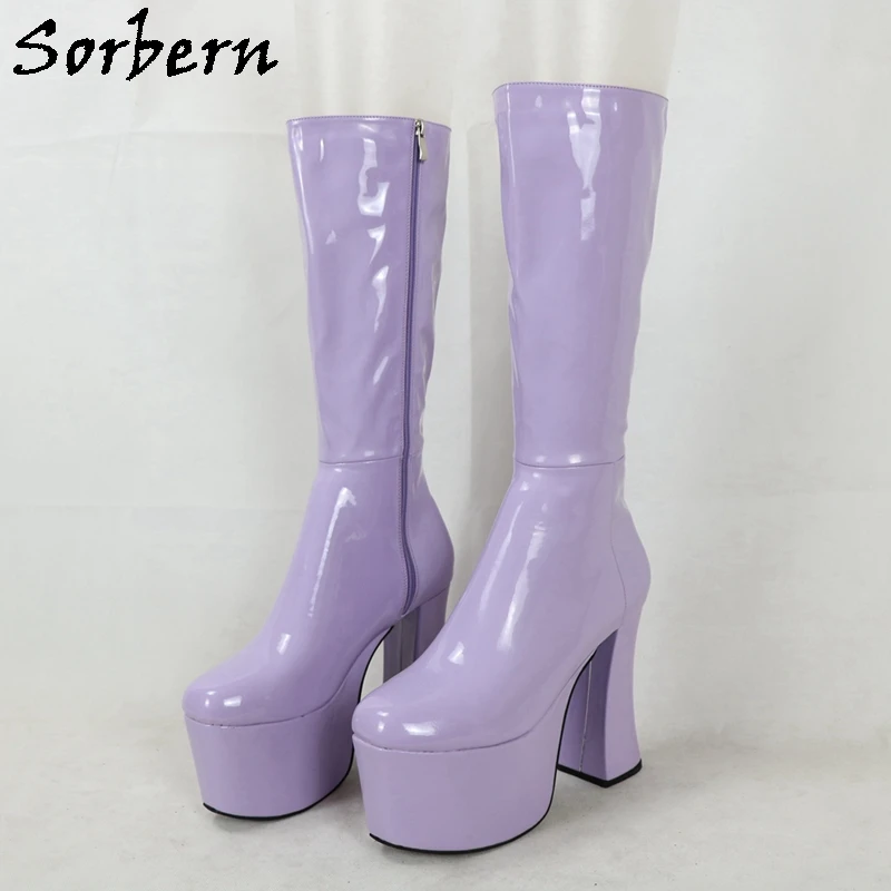 Sorbern 15Cm Block High Heel Boots Women Knee High Drag Queen Thick Platform Round Toe Zip Up Custom Size 33-48