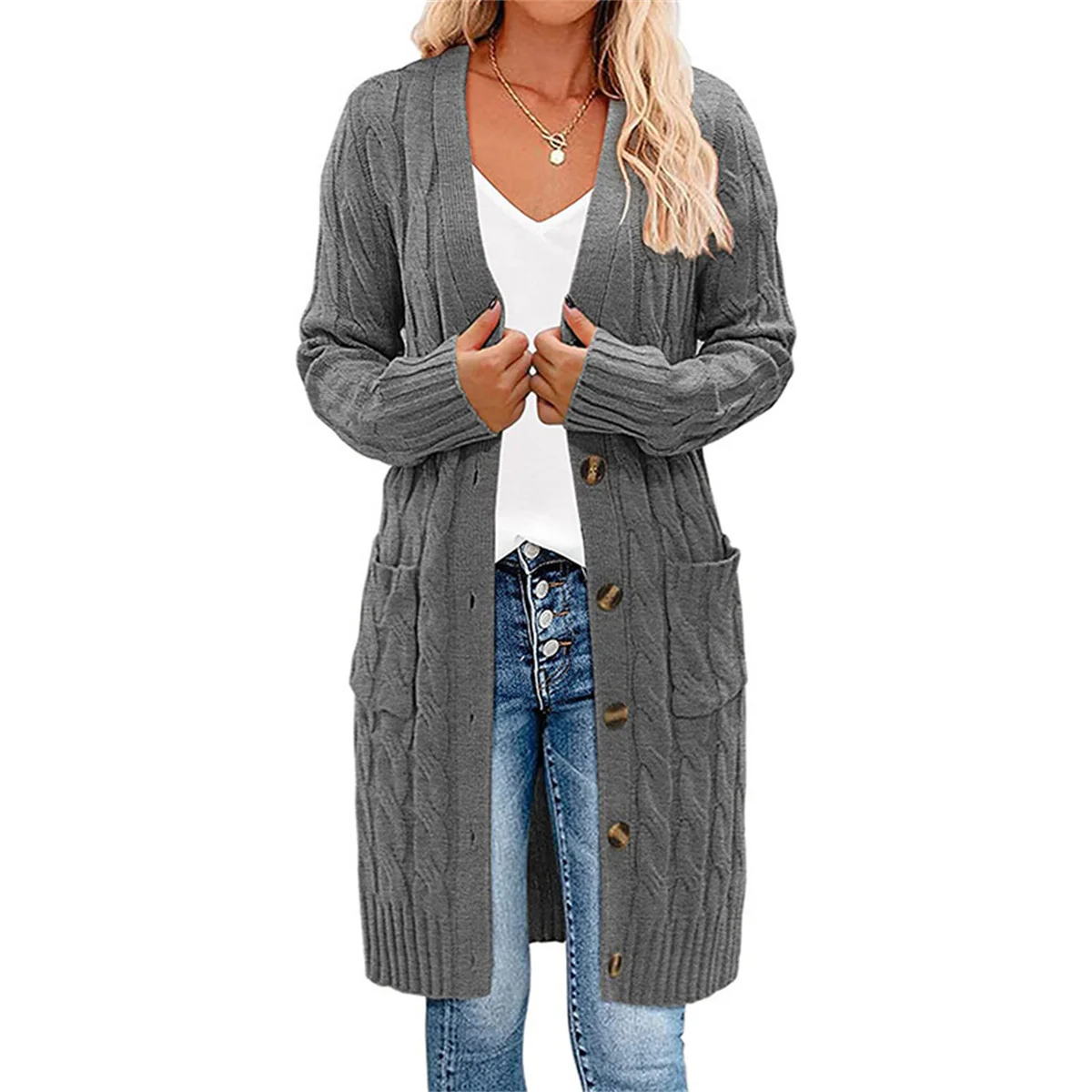 Women Fashion Knitted Long Cardigan Solid Color Loose V Neck Single Breasted Jacket 2024 Autumn Winter Casual Pocket Sweaters