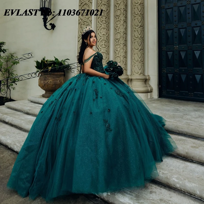 EVLAST-vestido De quinnceañera verde brillante, vestido De baile, apliques florales 3D con cuentas, corsé De México dulce 16, Vestidos De 15 años SQ564