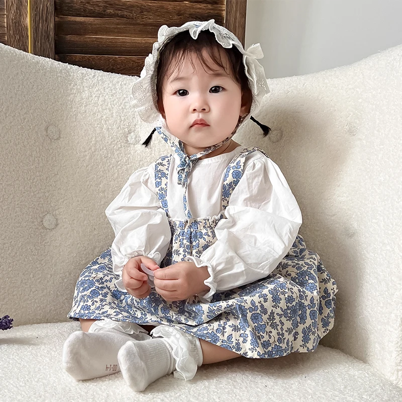 الخريف الطفل ارتداءها الأزهار الفتيات ملابس طويلة الأكمام الرضع قطعة واحدة مع قبعة طفلة رومبير فستان القطن ملابس الطفل