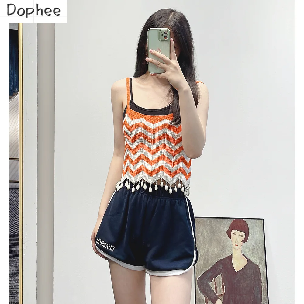 High Quality Wave Stripes Women Camisole New Summer Holiday Style Beading Tassel Pendant Spice Girls Knitted Tanks Crop Top