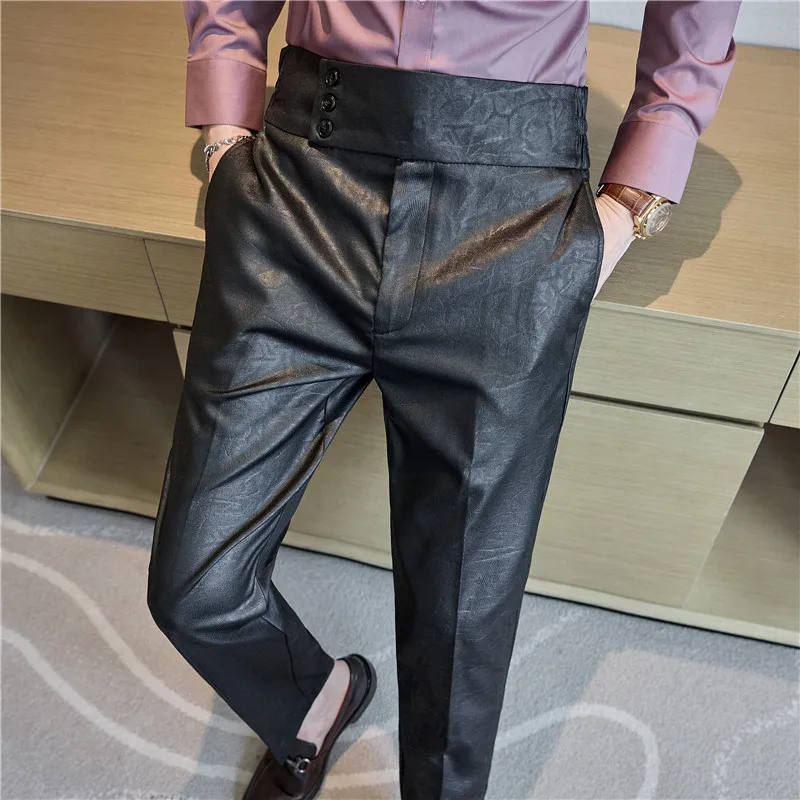 

Men's formal trousers, brown trousers, fashionable shiny jacquard design, leather trousers, high-waisted casual trousers