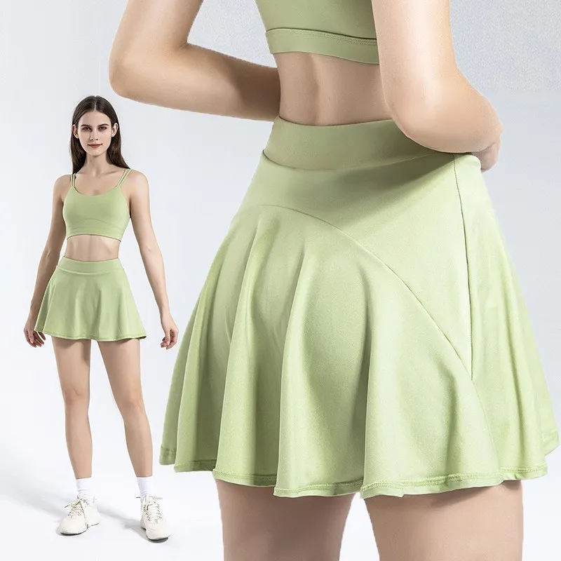 

Yoga skirt women's summer high waisted pocket skirt sports skirt set fitness vest solid color running fast drying tennis skirt