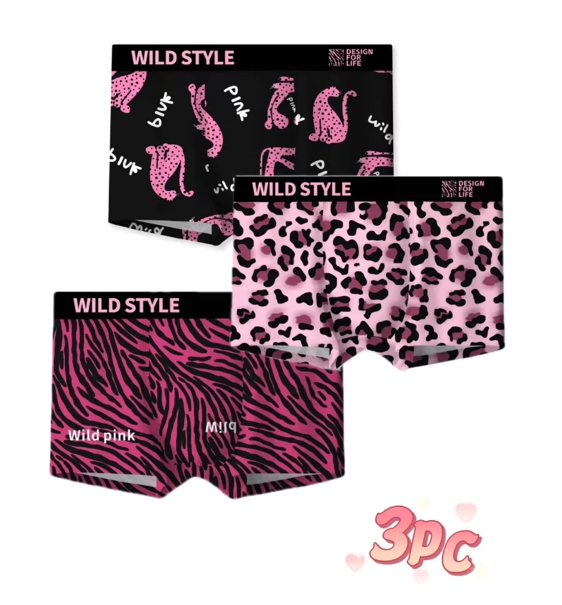 

Men's ice silk pink leopard print comfortable flat underwear 3PC