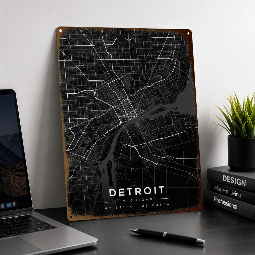 Detroit Michigan Map Textured Poster Personalized Aluminum Metal Sign City Network Layout Wall Art Enhances Library And Office