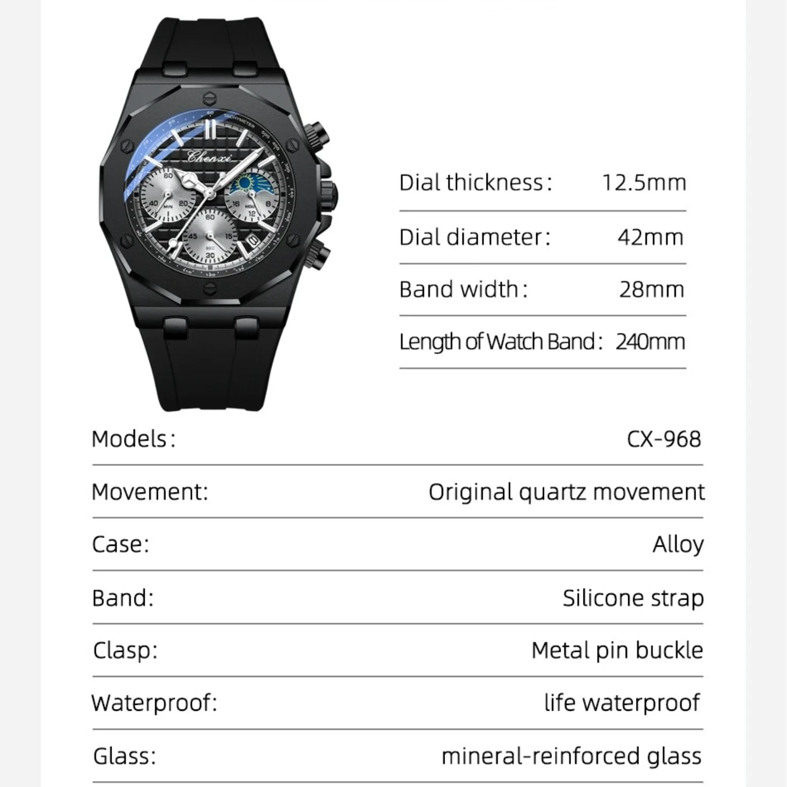 CHENXI 968 Fashion Men's Watch Quartz Waterproof Sports Silicone Strap Chronograph Calendar Night Light Watches for Man Reloj