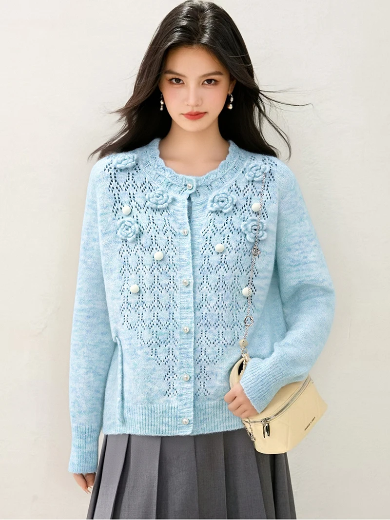 新品、秋、冬、韓国風、セーター、ファッション、セクシー、透かし彫り、3D、花、女性、長袖、ニット、カーディガン、ボタン、トップス、5102205