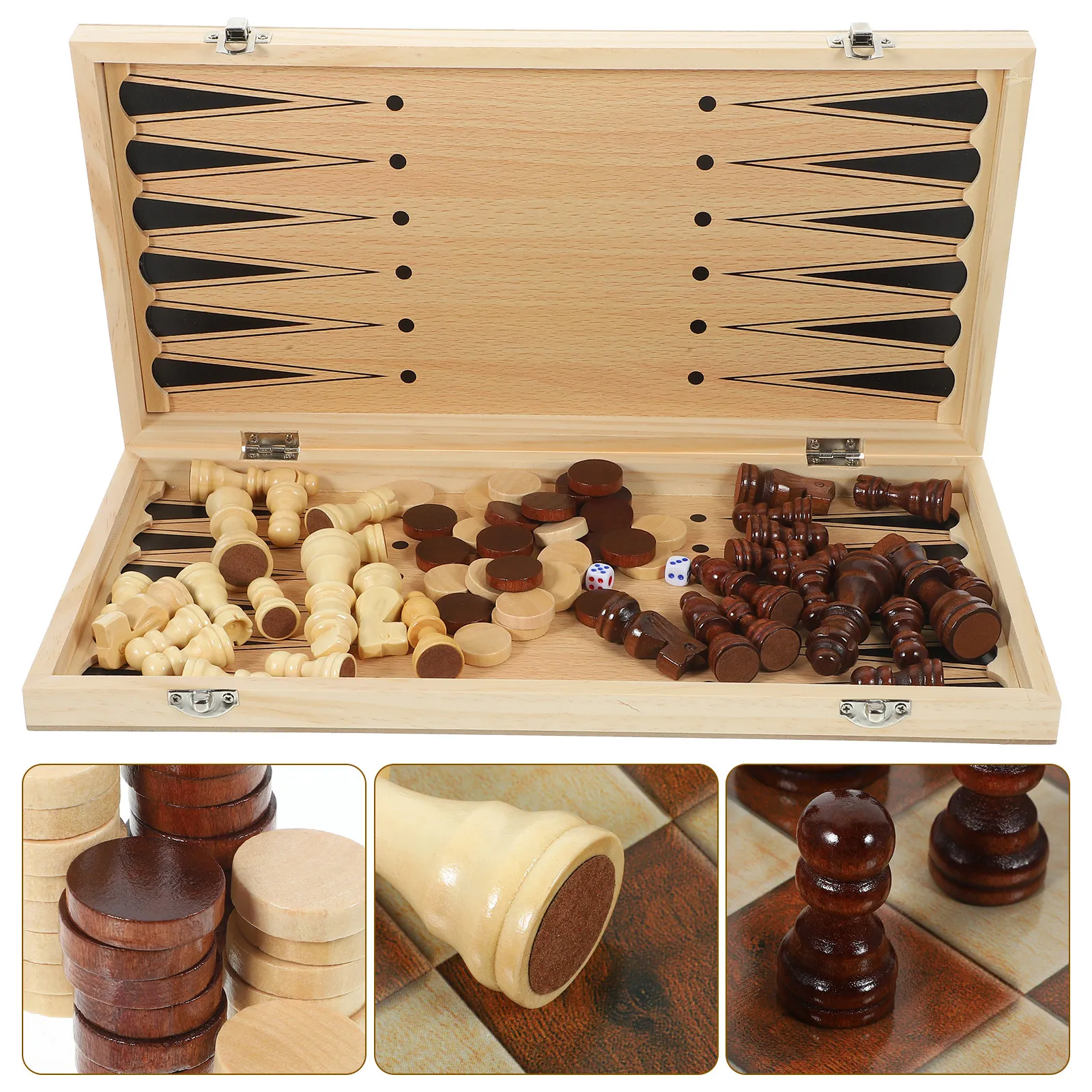 

1Set Wooden Three-in- Chess Game Folding Chess Board Set Smooth Hand Touch Travel Family Office Picnic