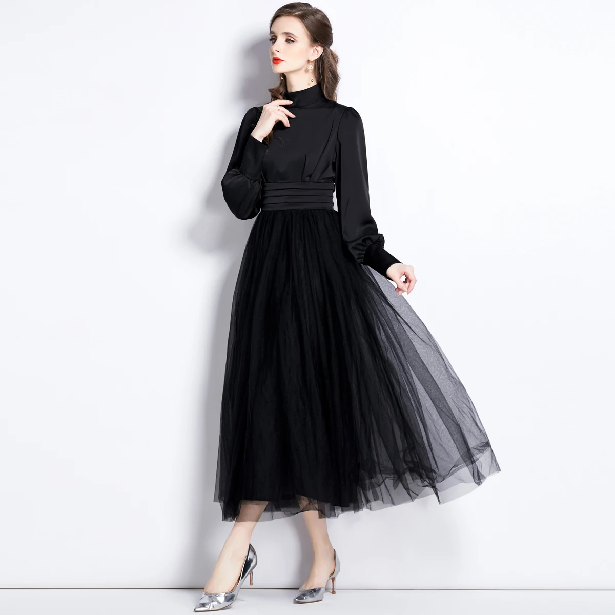 Autumn/winter Stand-up Collar Lantern Sleeve Pleated Waist Mesh Gauze Princess Style Dress