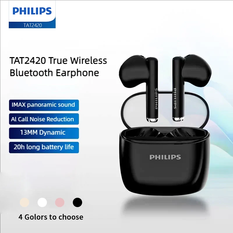 فيليبس TAT2420 سماعة لاسلكية 300 مللي أمبير في الساعة 360 °   IMAX صوت بانورامي AI Call للحد من الضوضاء سماعة رأس صغيرة محمولة لموسيقى HIFI