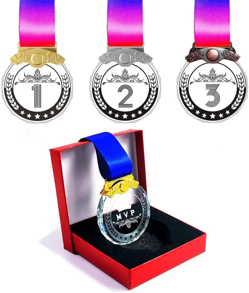 Free  LOGO Crystal Awards Medals Gold Silver Bronze Glass Valuable Improved Player for Sports Meeting Events Souvenir Gifts