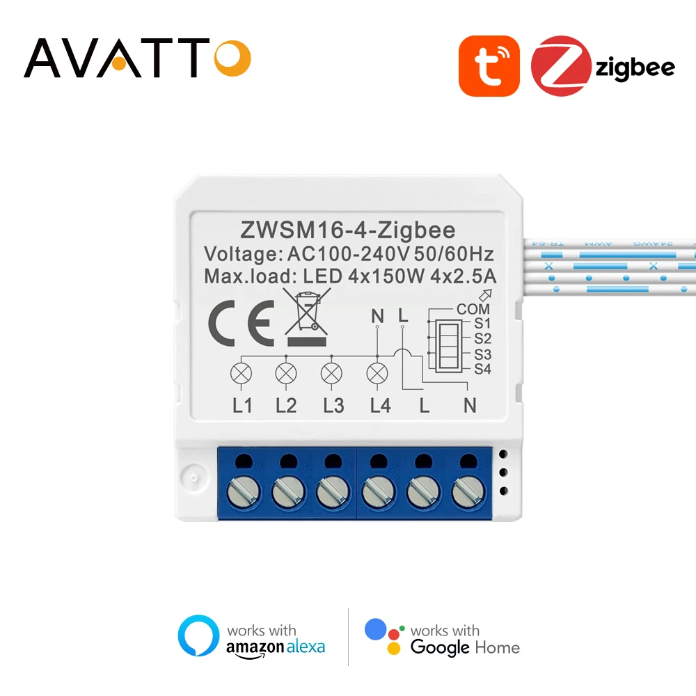 AVATTO Tuya Zigbee Switch Module with 1/2/3/4 gang Dual Way Control,Smart Life Smart Home Interruptor,Work for Alexa Google home