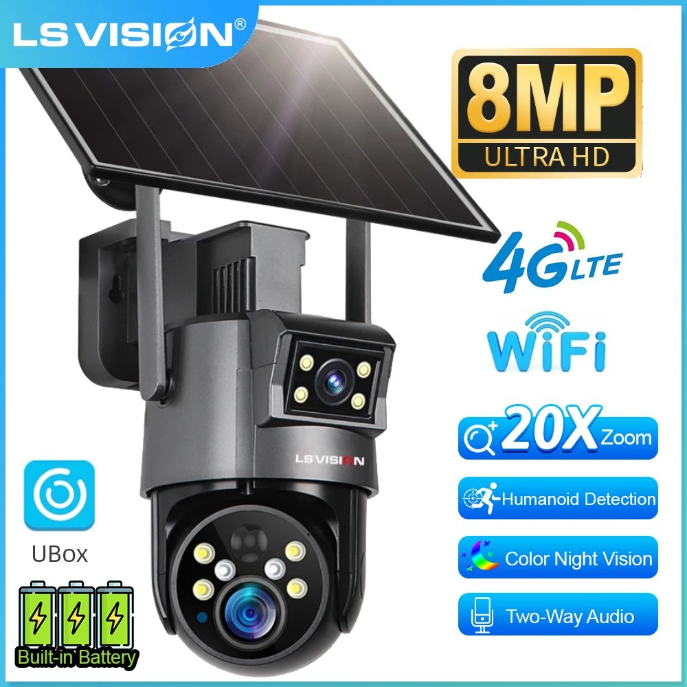 

LS VISION 4K Солнечная камера Ubox Real 20-кратный оптический зум Двойной экран 4G/WiFi Камера безопасности PIR Камера наблюдения с автоматическим отслеживанием человека