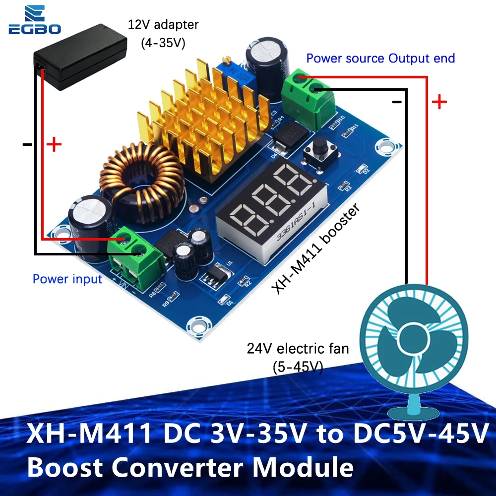 XH-M411 DC 3V-35V to DC 5V-45V Boost Converter Module Voltage Regulator Adjustable Step Up Voltmeter Digital Display Module