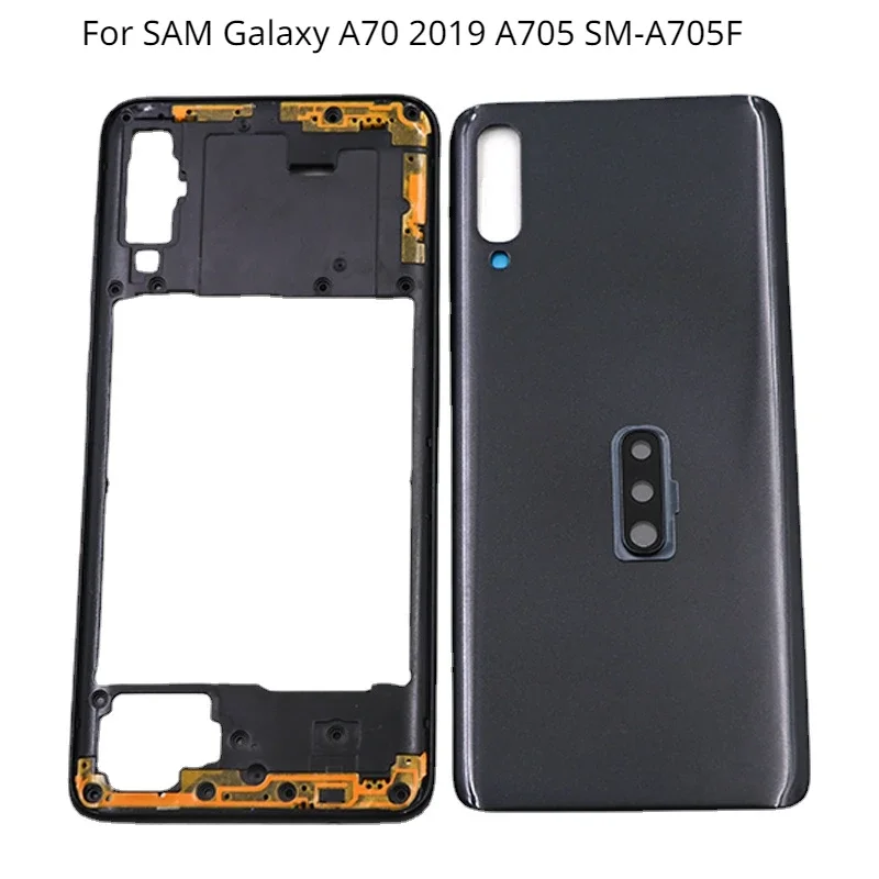 For SAM Galaxy A70 Middle Frame Plate Bezel  Battery Back Cover, Rear Door with Camera Lens Replace, A705, SM-A705F, 2019