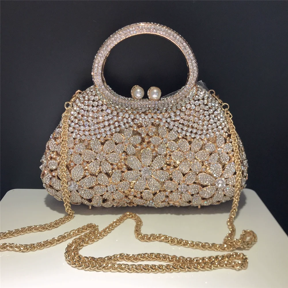 

Handbag Spring New Rhinestone Hollow Small Daisy Chain Handbag Dinner Bag Banquet Dress Metal Color Full Diamond Women's Bag