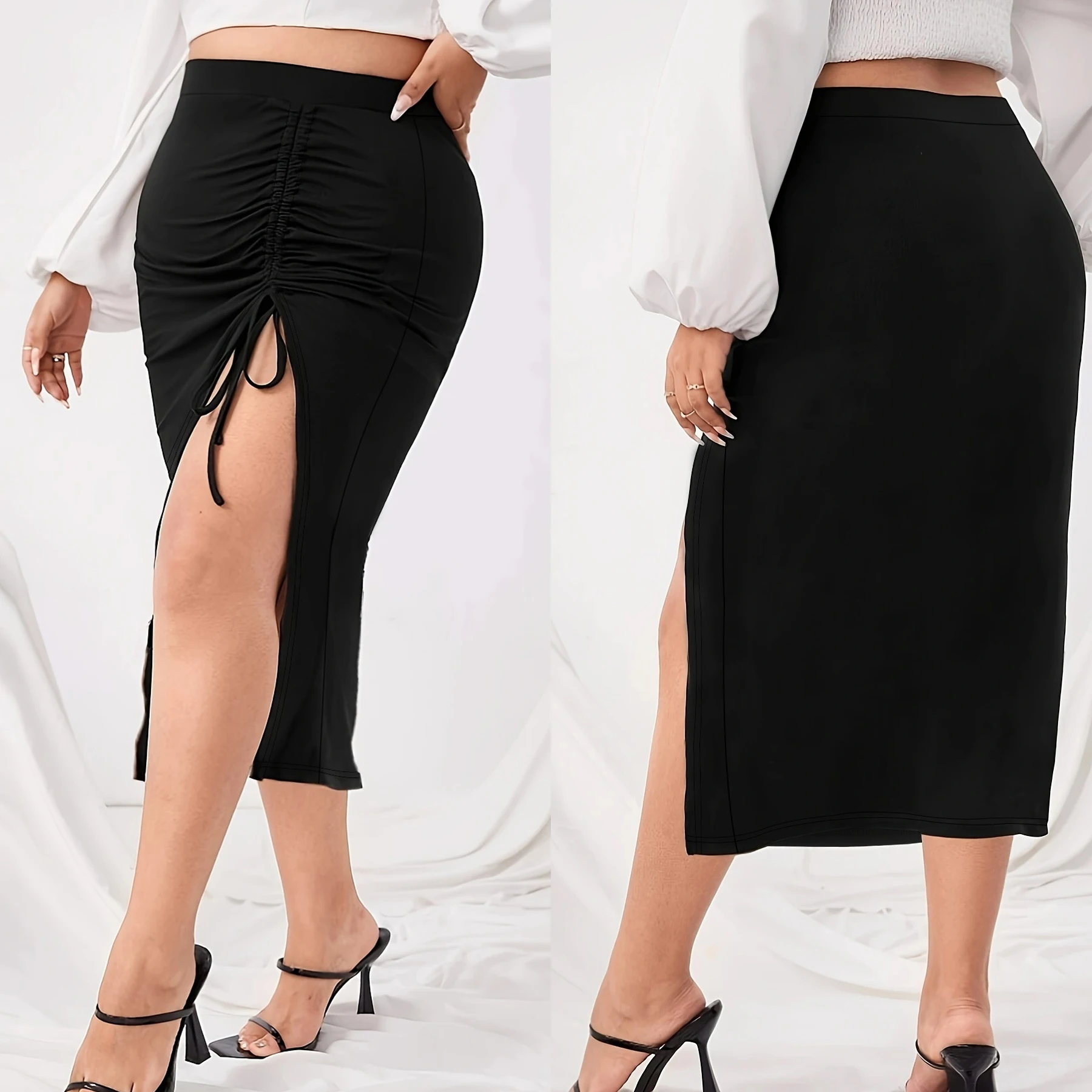 Spring and summer new style elegant wind asymmetric high slit pure black skirt