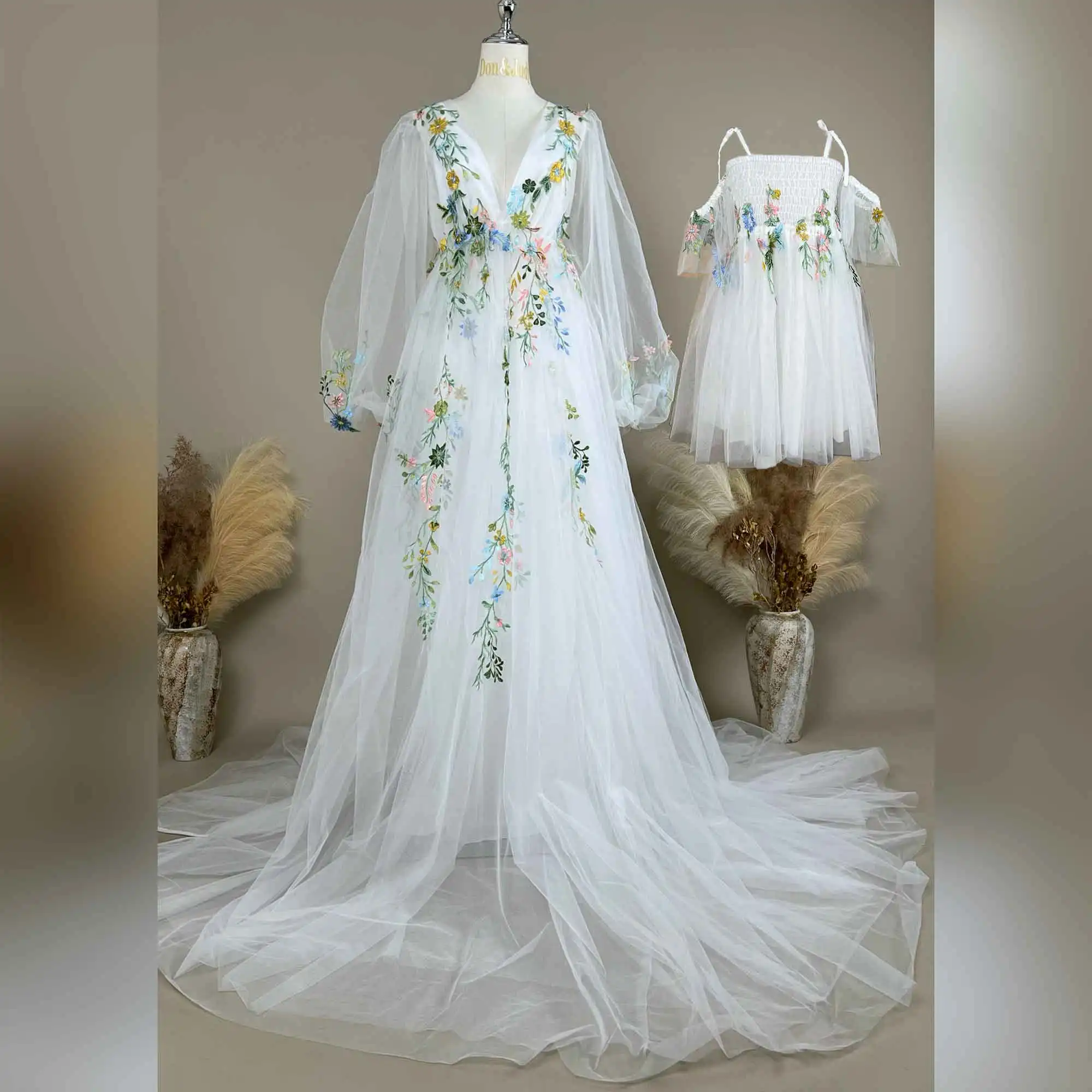 Don&Judy White Tulle Embroidered Appliqué Dress Adult + Kids Set Pregnancy Photography Maternity and Baby Photoshoot Dresses