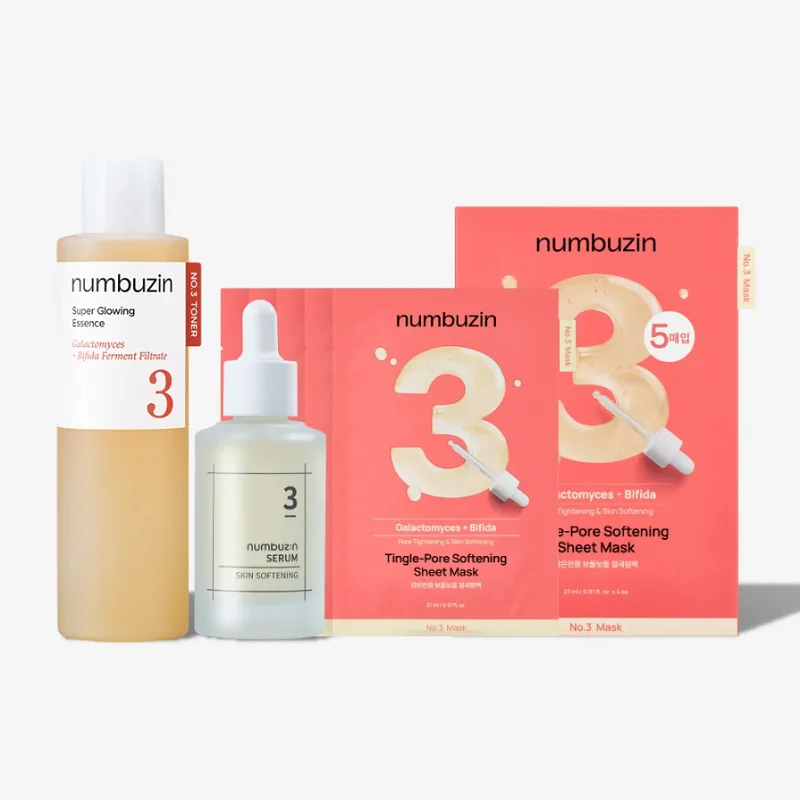 No.3 Pore Care 3 Step Routine Set - Super Glowing Essence Toner, Softening Serum & Mask (5 Sheets) - Improve Radiance Tighten