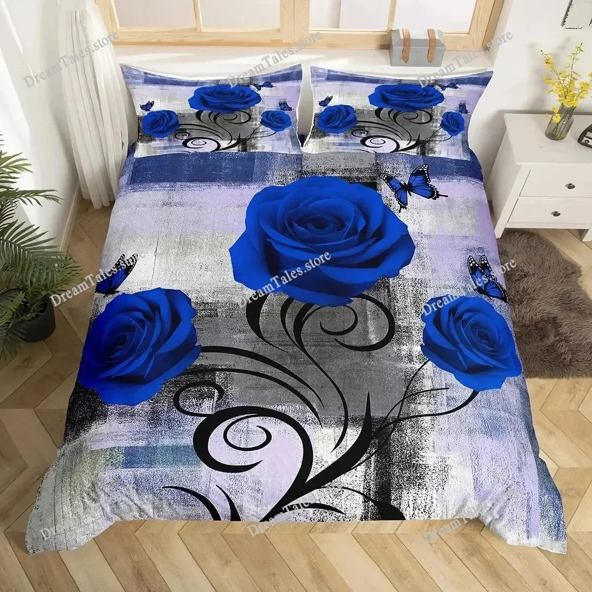 Rose Duvet Cover Set Red Rose Floral Bedding Sets Flower Butterfly Comforter Cover for Women Modern Fashion Marble Quilt Cover74