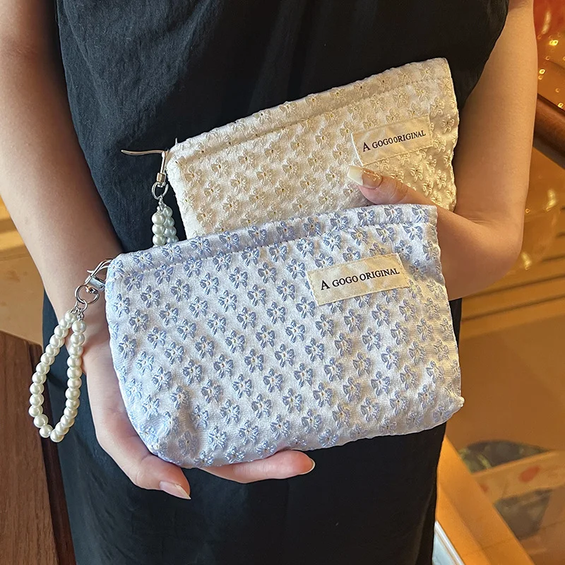Three-Dimensional Small Flower Embroidery Versatile Cosmetic Bag Female Korean Ins Hand Bag Portable Large-Capacity Storage Bag