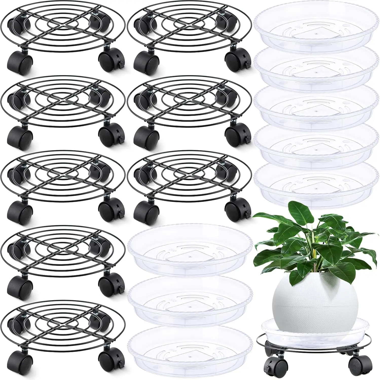 

Усиленная передвижная подставка для растений на колесах, набор из 8 металлических тележек для сада и дома (11,8 дюйма, черный)