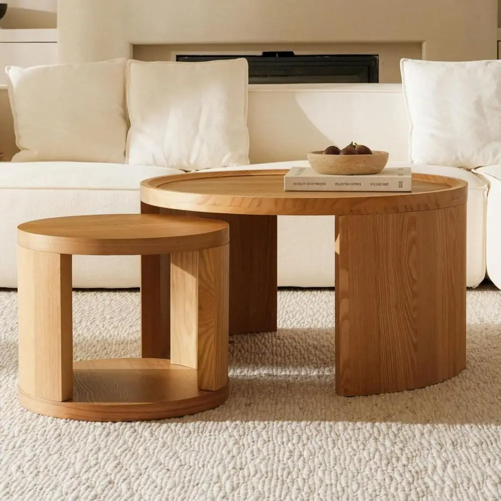 

2-Piece Nesting Coffee Table Set, Brown, 31.5 & 18 Wood Top Tables, Ideal for Center or Living Room, Minimalist Design