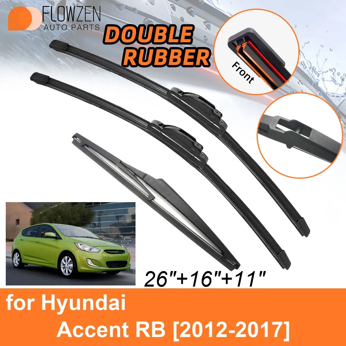 

Сдвоенные резиновые автомобильные дворники для Hyundai Accent RB 2012-2017, аксессуары для передних и задних дворников 2012, 2013, 2014, 2015, 2016, 2017