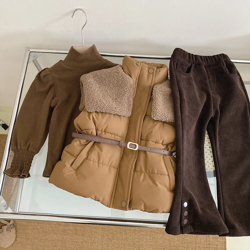 

Girls' Autumn Winter Suit Thick Padded Large Lapel Collar Short Vest Turtleneck Versatile Bottoming Shirt Thickened Flared Pants