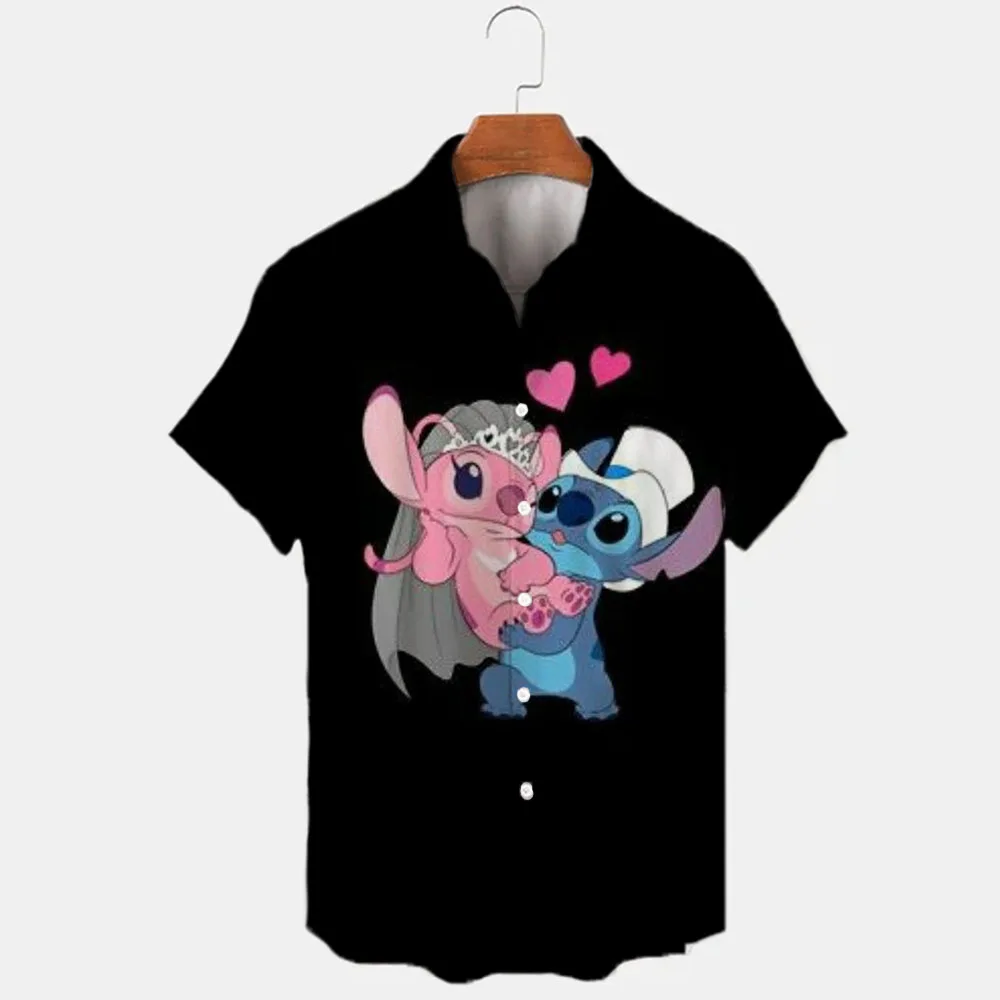 New Summer Disney Brand Stitch And Winnie The Pooh Cartoon Casual 3D Printed Short Sleeve Lapel Shirt Slim Fit Men's Top