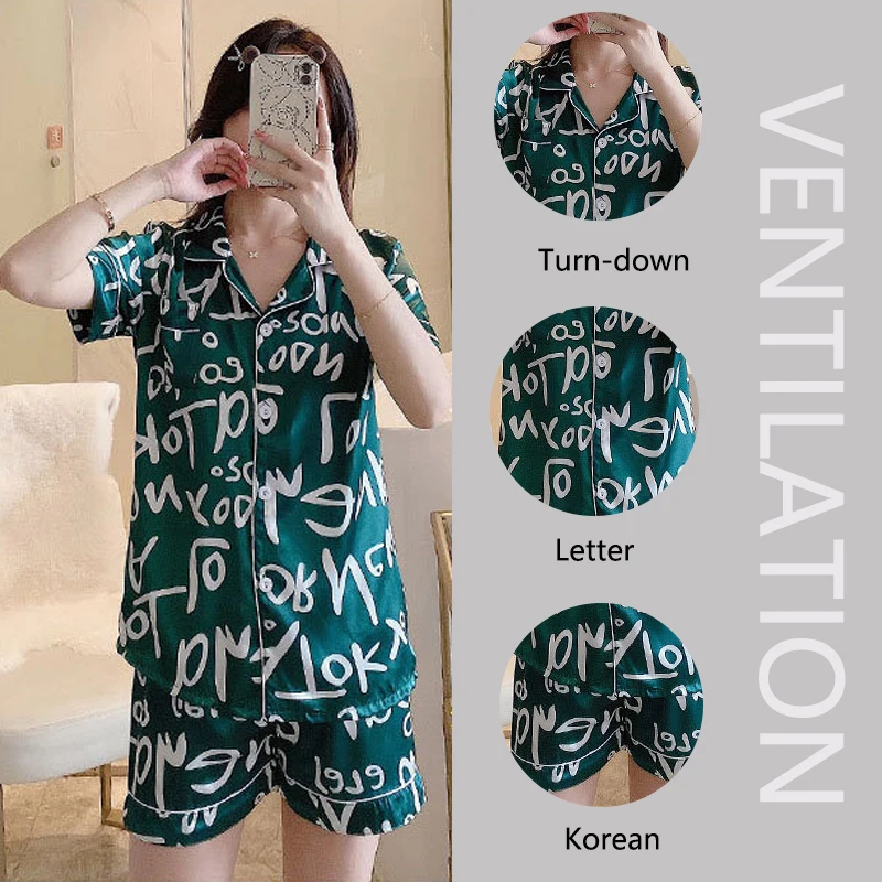 بيجامة نسائية كبيرة الحجم من الحرير الجليدي بأكمام قصيرة سترة ملابس نوم للطلاب مع ملابس منزلية مطبوعة بأحرف