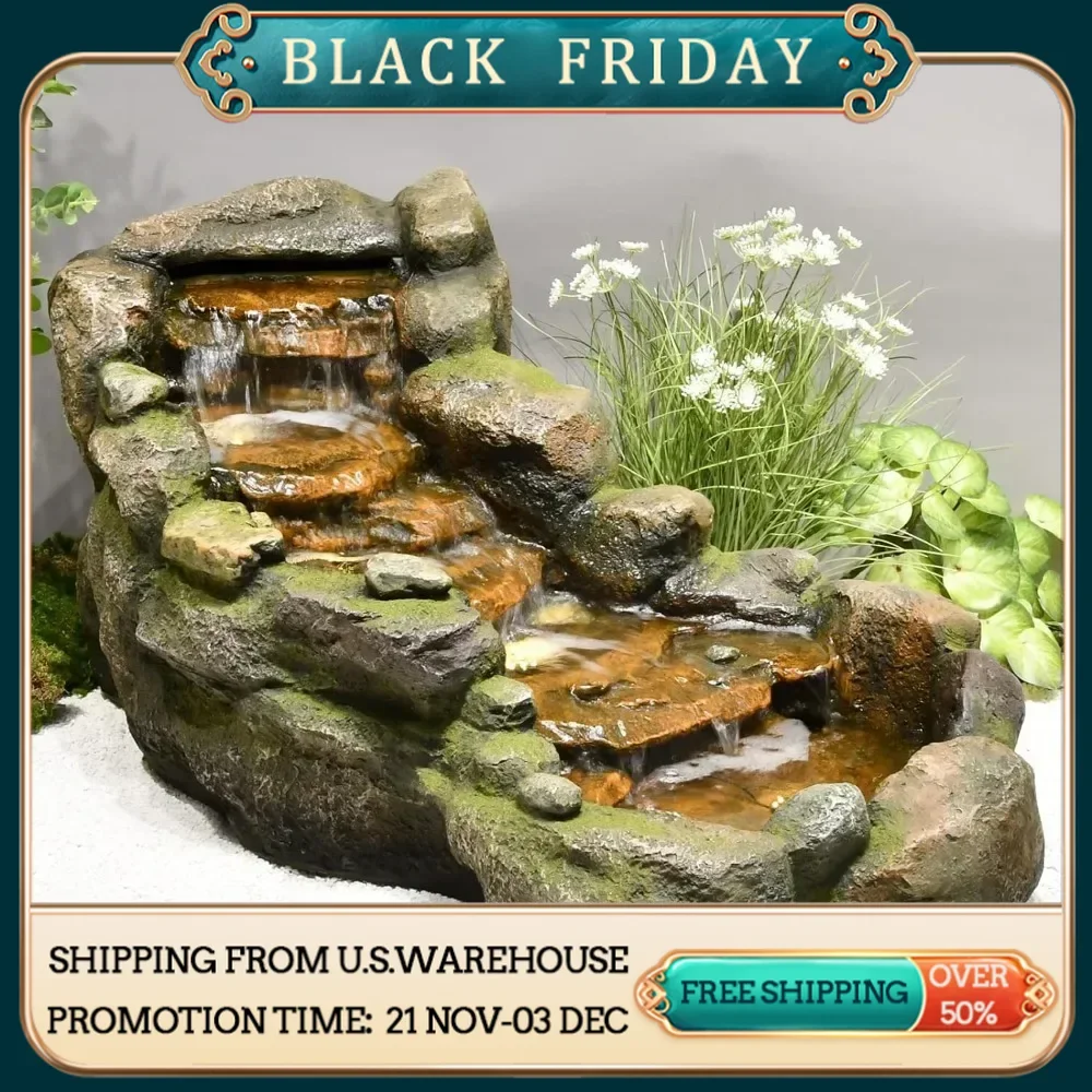 Garden outdoor fountain, floor standing layered rock outdoor fountain with LED lights and pump, used in gardens and backyards