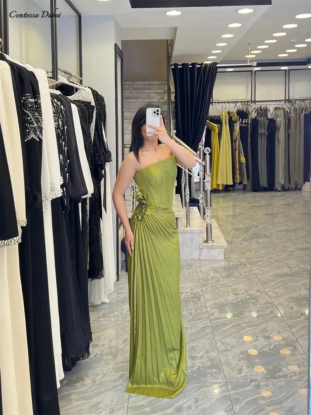 Contessa Custom Green Pleated skirt hem Formal Gown WIth 3D flower Prom Dress Strapless Sleeveless  Floor-Length robes de soirée