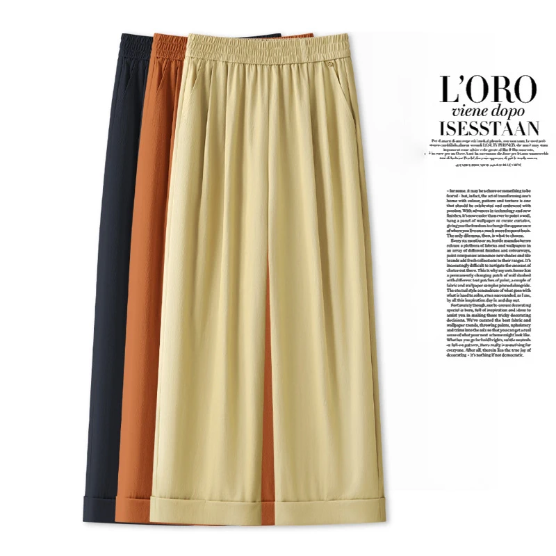 

Elastic Waist Wide-Leg Casual Pants for Women, Summer Thin Style, New Trendy Draped Straight Cropped Pants for Petite Women