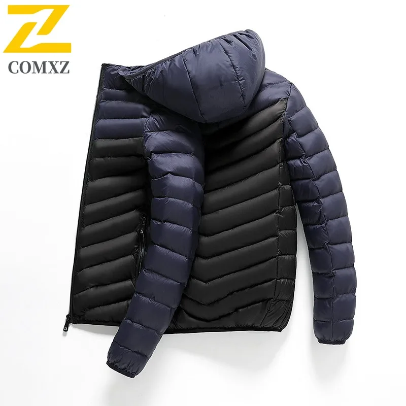 COMXZ Men Down Jacket 2025 Splicing Ultra Light Outdoor Camping Warm Parka Premium Hooded Outdoor Cold Resistant Winter Coat