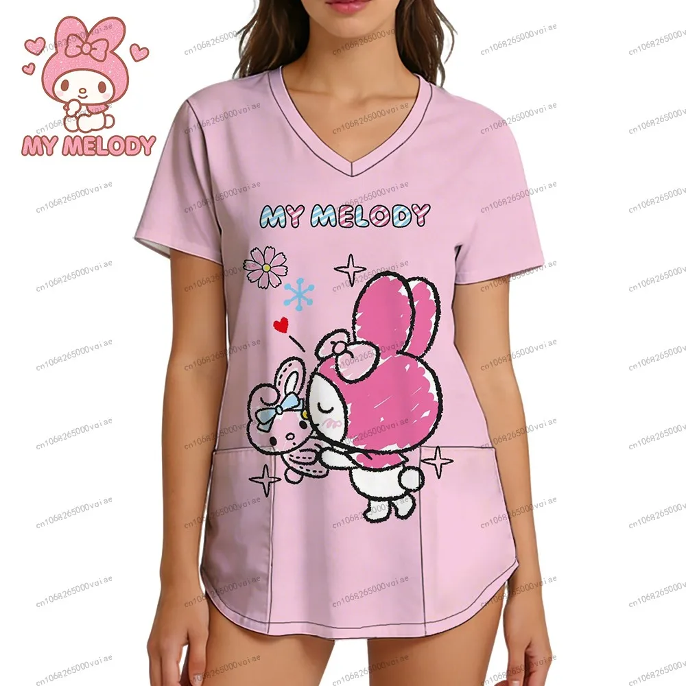 

Woman Clothes My Melody Nurse Uniform Women's T-shirt Sanrio Streetwear V Neck T-shirt Fashion 3D Print Leisure Summer Top Trend