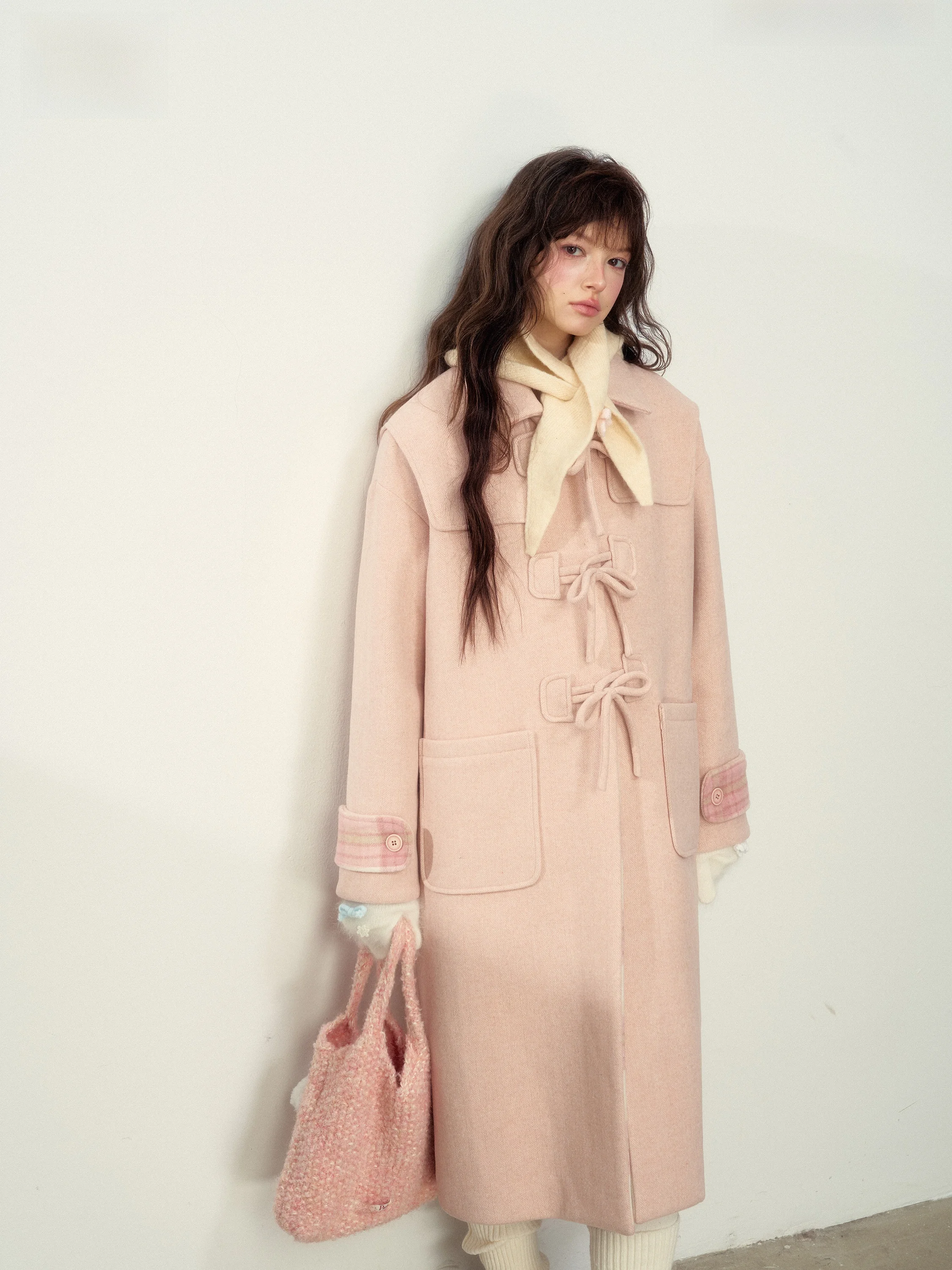 SunsetPark Vintage Bear Plaid Woolen Coat with Bow Tie Cuff Button Long Sleeve Women's Winter Fashion Outerwear