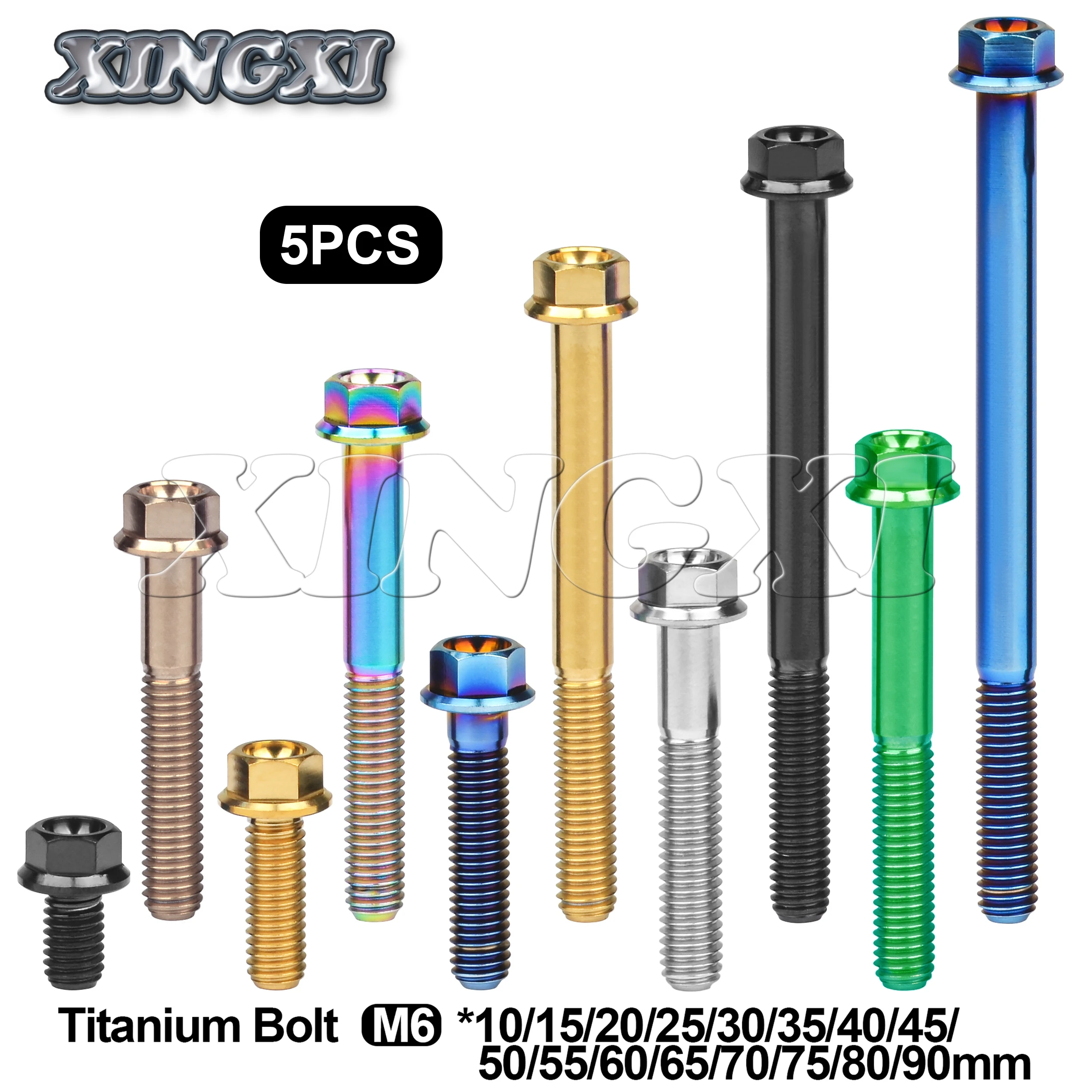 Xingxi 5Pcs M6 Titanium Bolts M6X10 15 20 25 30 35 40 45 50 55 60 65 70 75 80 90mm Small Flange Head Bolts Ti Fasteners