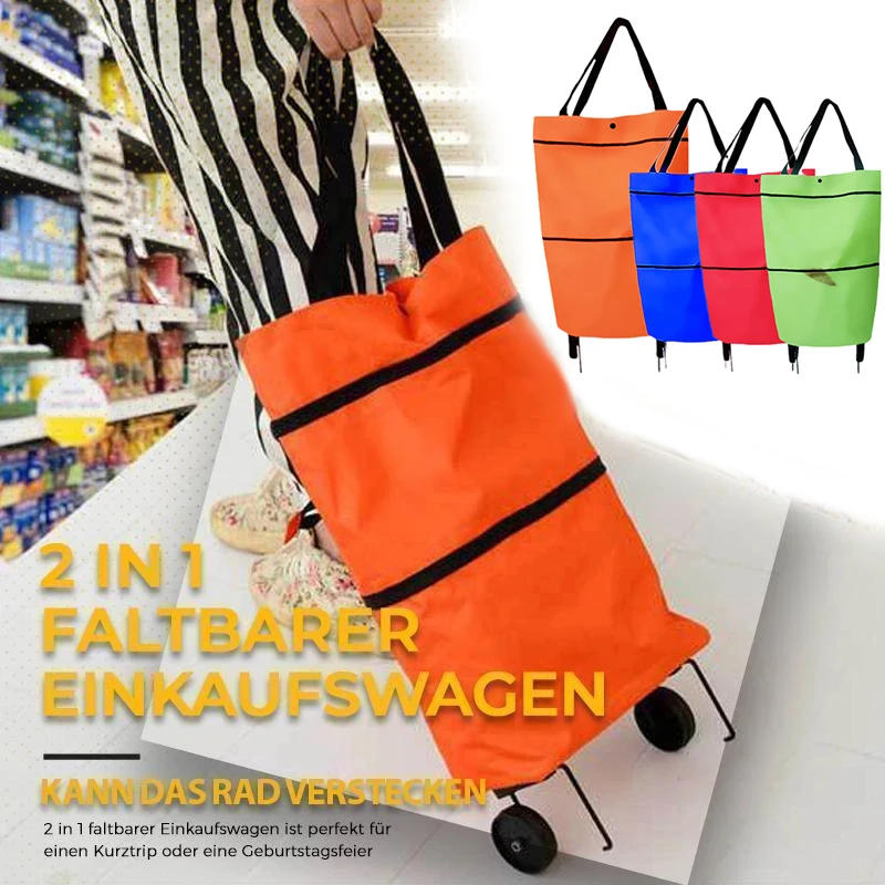 2 In 1 Foldable Shopping Cart Trolley Bag With Wheels Reusable Grocery Bags Food Vegetables Organizer Large-Capacity Handheld