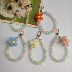 Macaron Color Jelly Flower Beaded Mobile Phone Chain Women's Fashion Cute Cellphone Case Anti-lost Hanging Lanyard Wrist Strap