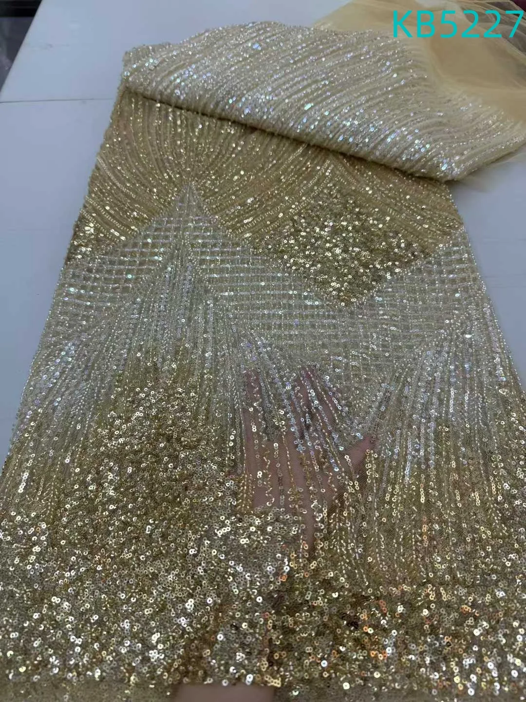 

African Lace Fabric 2025 High Quality Nigeria Gold Beaded Lace Fabric Pink Sequins Tulle Fabric Net Sequins For Sewing KB5227