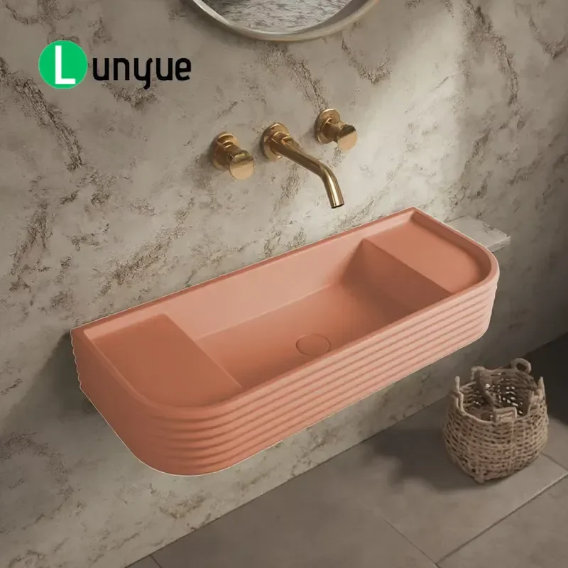 Red White Wall Mounted Cement Concrete Art Design Wash Basin Countertop Bathroom Sink Modern Home Decor