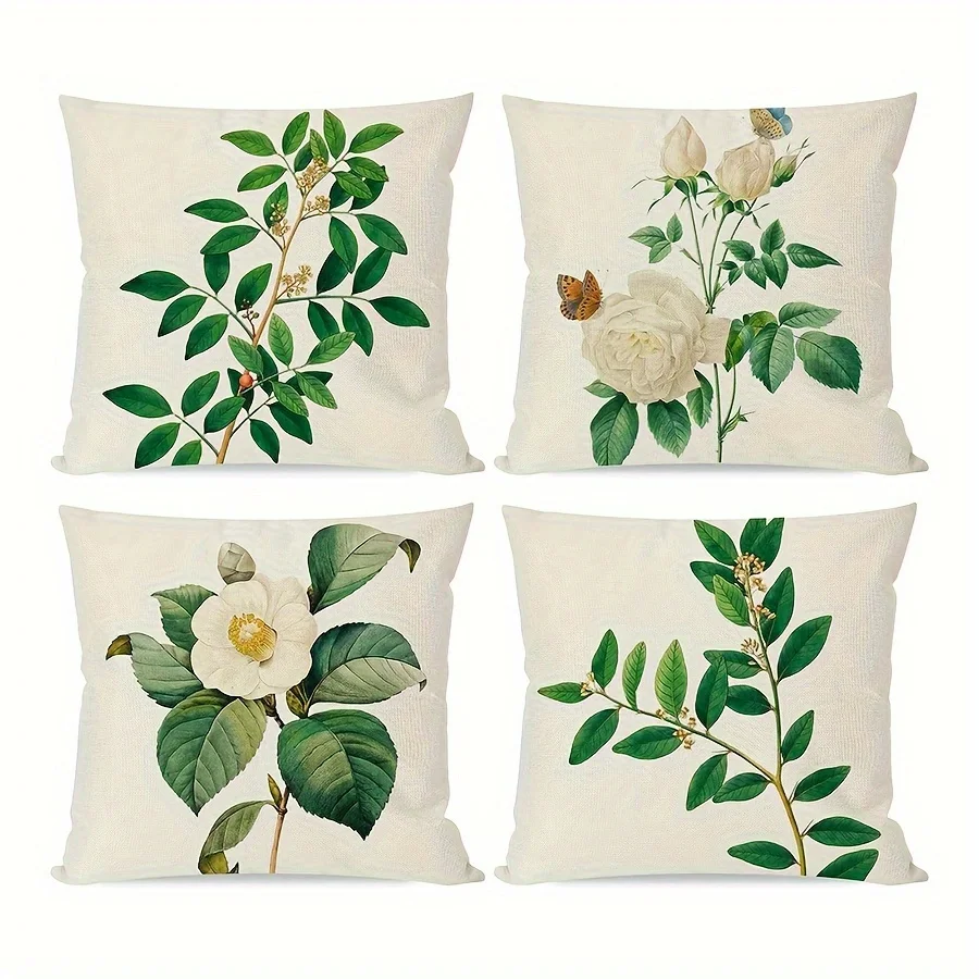 

Polyester Material Double-Sided Printing 4pcs Polyester Plant Pillow Cover Green Leaf Flower Printing Retro Summer Outdoor Farmh