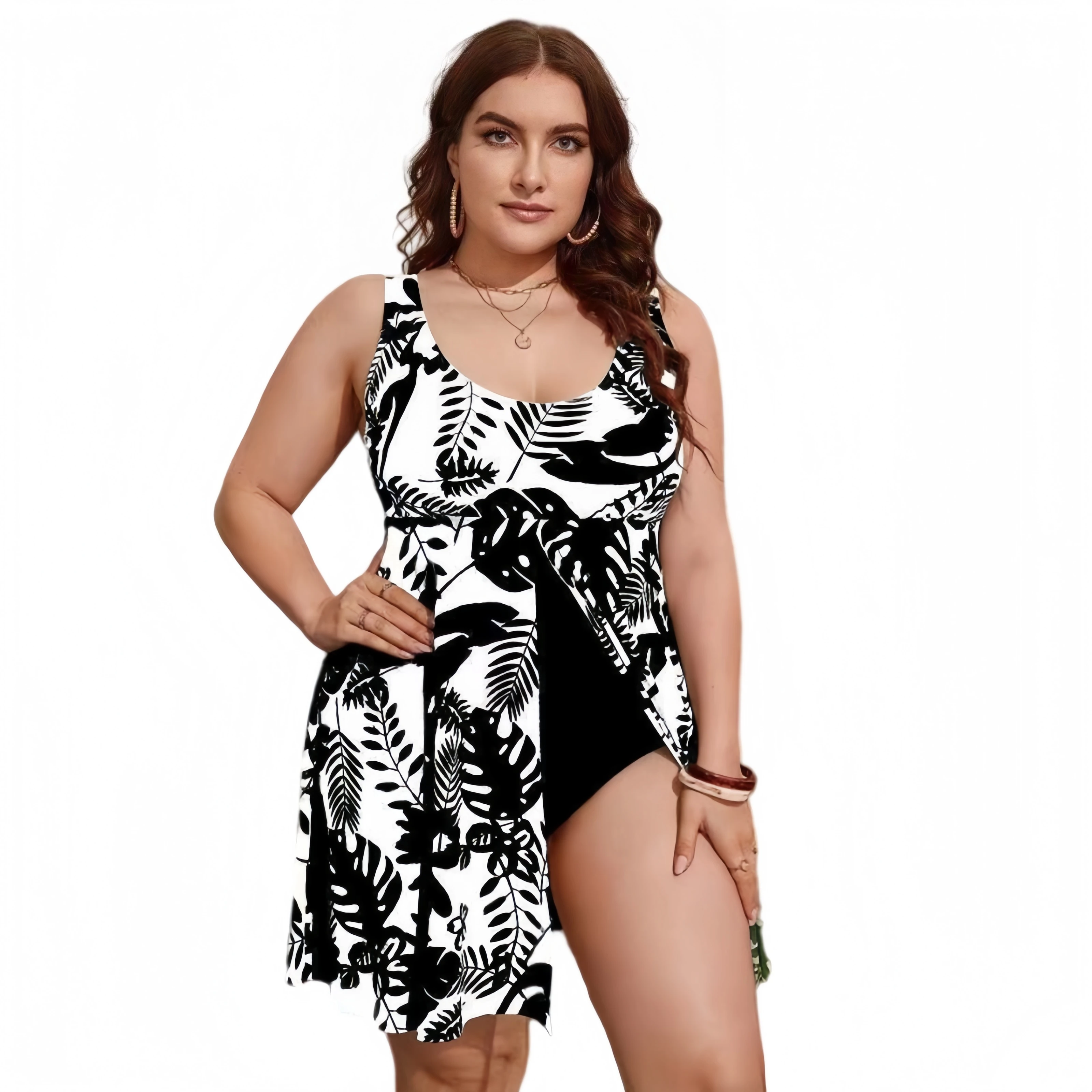 Women Plus Size Swimdress Tankini Tummy Control Floral Print Sleeveless Two Piece Swimsuit Beach Bathing Suit For Curvy Ladies