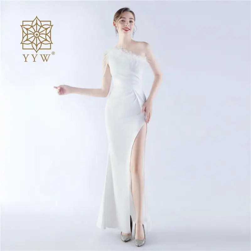 White Women Formal Occasion Dress Beading Mermaid Slim Ball Gown One Shoulder Side Slid Feather Vestido Evening Female Gala Gown