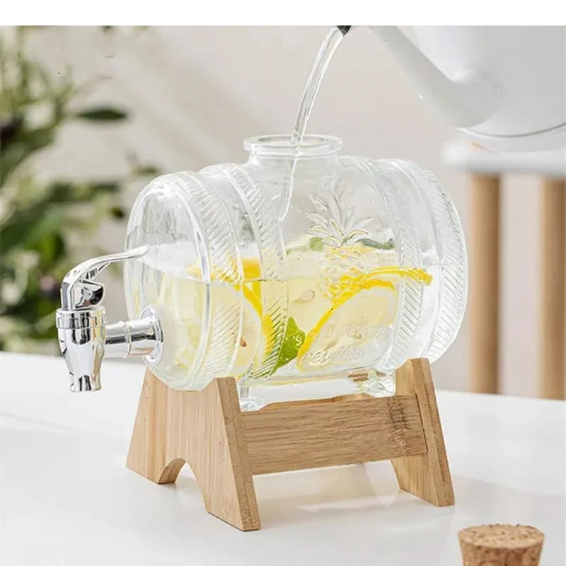 1L Home Glass Cold Water Bottle with Faucet Chinese Transparent Bar Birthday Party Juice Drink Bucket