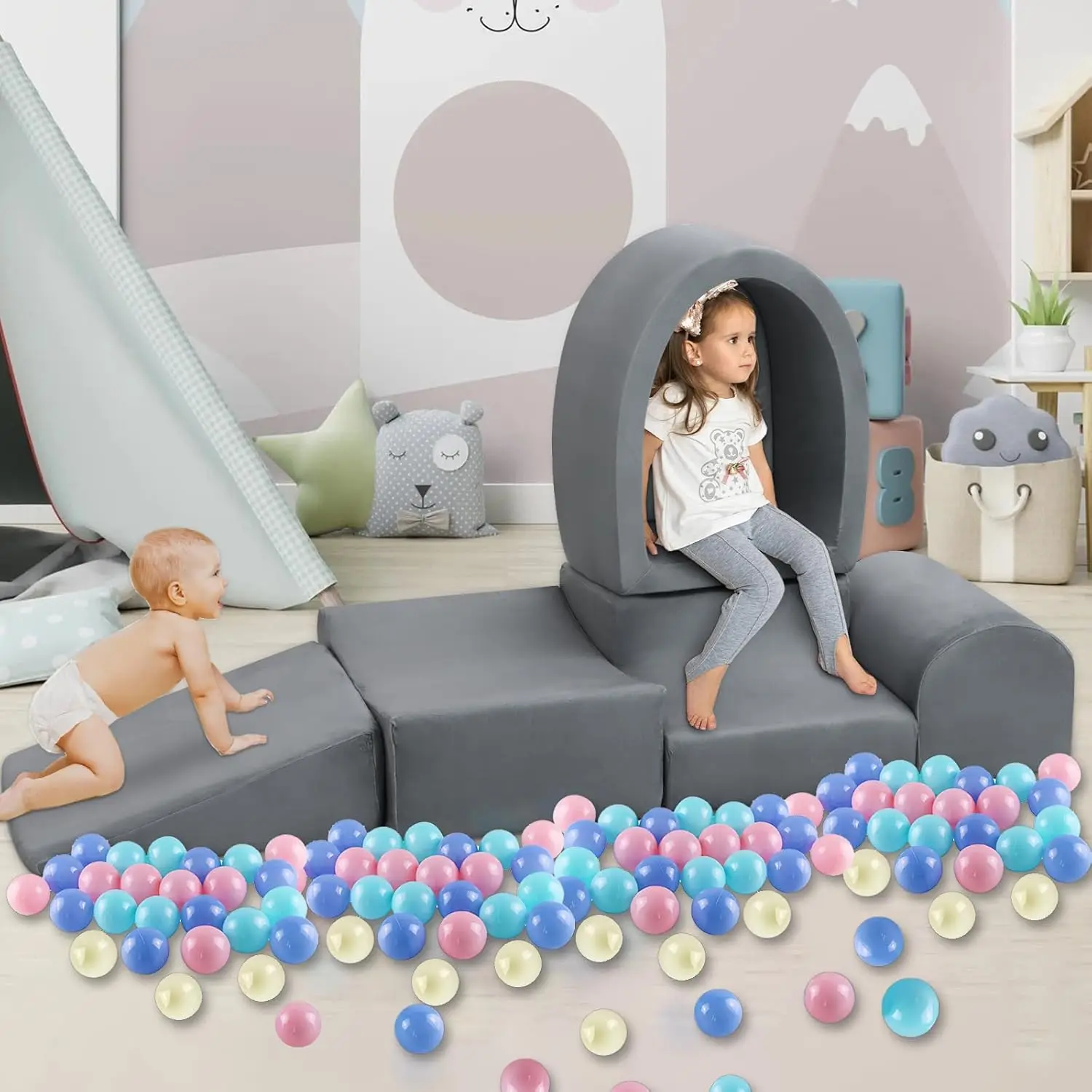 유아용 소프트 플레이 클라이밍 장난감, 5개 폼 클라이밍 블록 및 볼풀 (유아용), 어린이 아기 클라이밍 블록 폼 실내 놀이