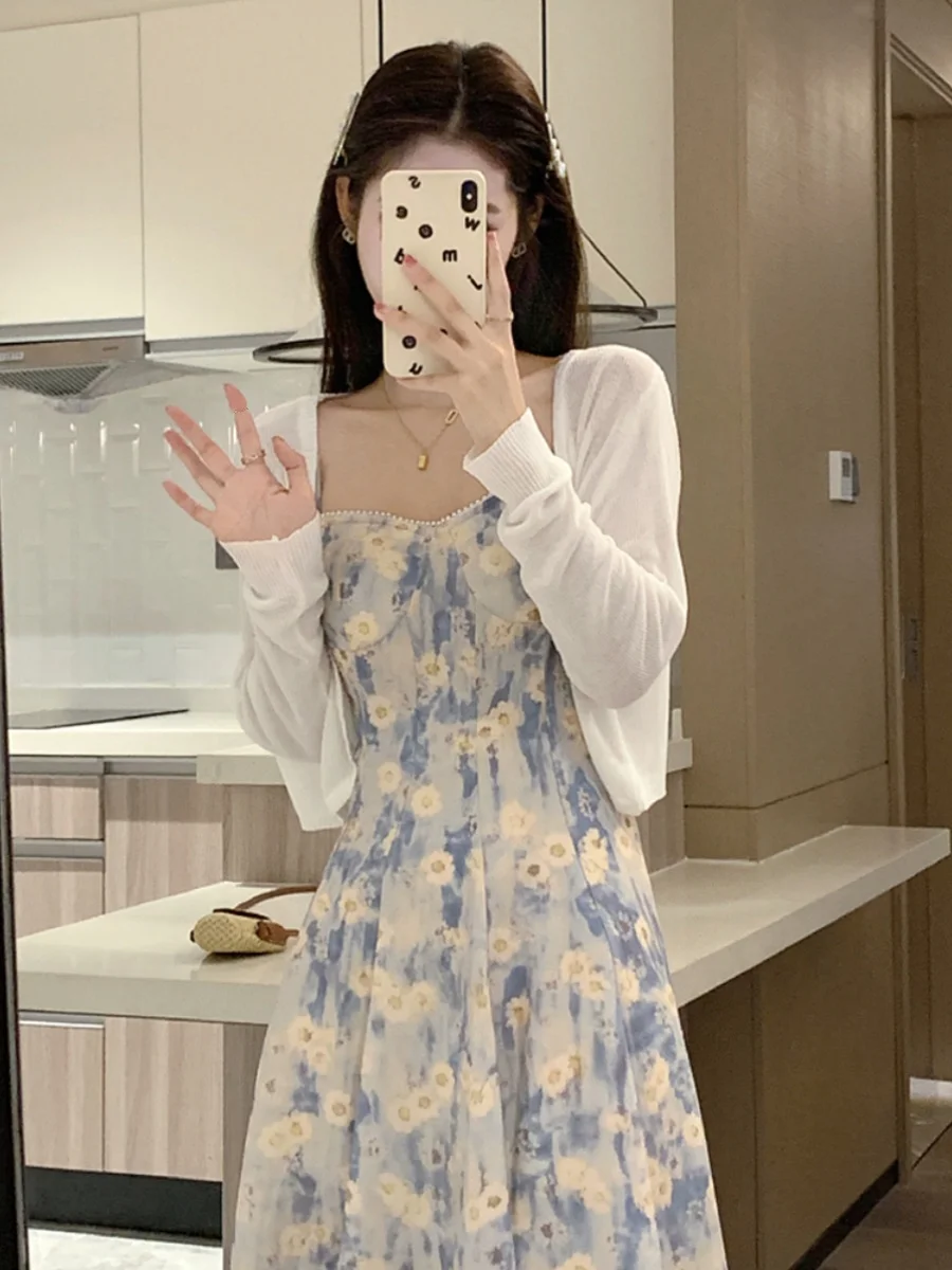 2024 Summer Blue Oil Painting Floral Print Beach Vaion Long Dr Women's Strapl High Waist A-Line Midi Skirt Set